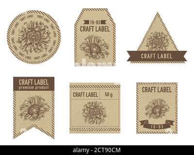 Handwerk Etiketten Vintage-Design mit Illustration der Sonnenblume Stock Vektor