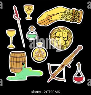 Magische Aufkleber. Wildes Feuer, Armbrust, alte Schriftrolle. Der Kopf eines goldenen Löwen und das Zeichen der rechten Hand. Große Haus Symbole Sammlung. Stock Vektor