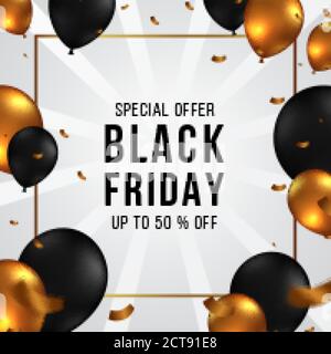 Elegante schwarze freitag Aktion Angebot Banner Vorlage mit Gold und schwarzen Ballon mit Konfetti. Stock Vektor