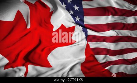 Kanada - USA kombinierte Flagge - Kanada und USA Relationen Konzept - 3D Illustration Stockfoto