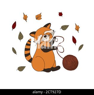 Herbstkomposition isoliert auf weißem Hintergrund. Herbst Aufkleber. Niedliches Tier. Roter Panda Stock Vektor