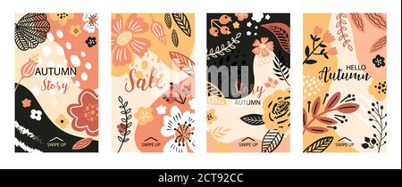 Vector floral Banner für Social Media Geschichten, Verkauf Herbst Illustration. Flache Blüten, Blütenblätter, Blätter Doodle Elemente. Für Veranstaltungseinladungen verwenden Stock Vektor