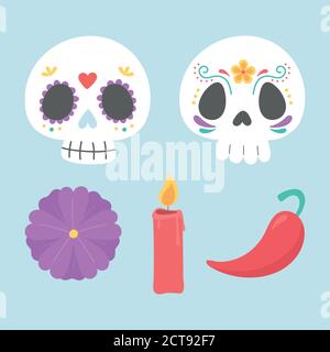 Tag der Toten, Zucker Schädel Kerze Blume und Chili-Pfeffer, mexikanische Feier Vektor-Illustration Stock Vektor