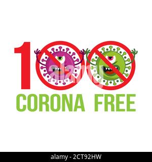 100% Corona frei - Hand gezeichnet niedlichen Virus oder Bakterium Dekoration für Maske - Bewusstsein Schriftzug Phrase. Coronavirus in China. Neuartiges Coronavirus (2019- Stock Vektor