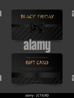 Black Friday Geschenkgutschein. Gewerblicher Rabattgutschein. Schwarzer Hintergrund mit goldenem Schriftzug. Stock Vektor