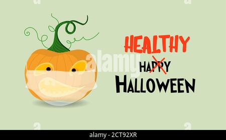Halloween Poster oder Grußkarte. Horizontales Banner mit einem Kürbis, der eine medizinische Maske trägt. Frohe Halloween Stock Vektor