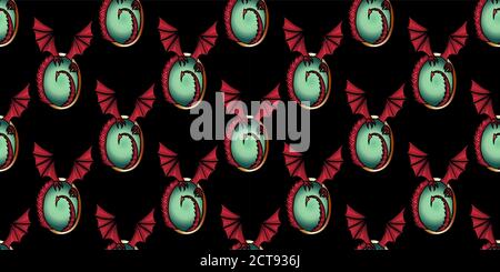 Muster mit Drachen auf schwarzem Hintergrund. Rote Drachenflügel Magisches mystisches Muster. Halloween Stock Vektor