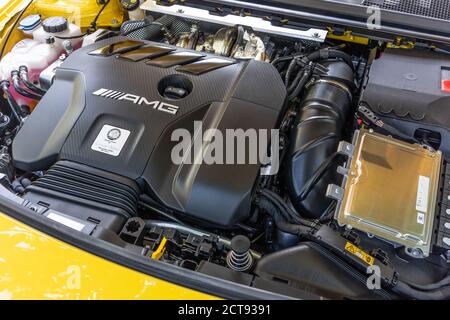 Hongkong, China 28. Juli 2020 : Mercedes-AMG A45S Motor Juli 28 2020 in Hongkong. Stockfoto