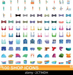 100 Shop Icons Set. Cartoon-Illustration von 100 Shop-Icons Vektor-Set isoliert auf weißem Hintergrund Stock Vektor