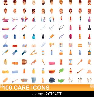 100 Pflegesymbole eingestellt. Cartoon-Illustration von 100 Pflege Symbole Vektor-Set isoliert auf weißem Hintergrund Stock Vektor