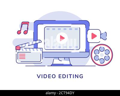 Video Bearbeitung Konzept Video-Symbol auf Display-Computer-Bildschirm mit Flacher Umriss Stock Vektor