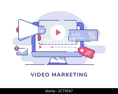 Video-Marketing-Konzept Video-Symbol Megaphon auf Display-Computer-Bildschirm Mit flacher Kontur Stock Vektor