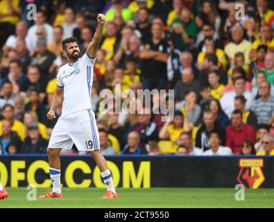 Diego Costa feiert Torreigen Chelseas Siegtreffer 1-2 Watford gegen Chelsea Premier League - Vicarage Road Stadium Copyright Picture : Mark Pain 20/ Stockfoto