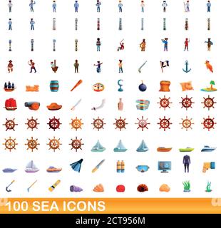 100 SEA-Symbole festgelegt. Cartoon Illustration von 100 SEA Icons Vector auf weißem Hintergrund isoliert gesetzt Stock Vektor