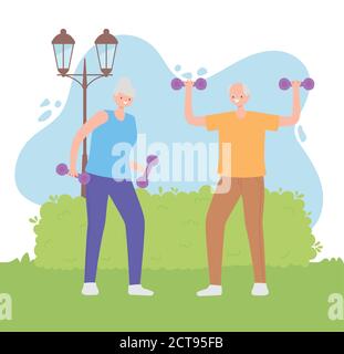 Aktivität Senioren, ältere Menschen tun Übungen mit Hanteln bei Park Vektor Illustration Stock Vektor
