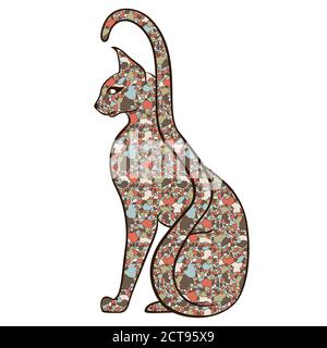Ernst und anmutig Katze mit langen Schwanz mit Körper aus bunten gedämpften Mosaikformen isoliert auf weißem Hintergrund, Vektor-Illustration Stock Vektor
