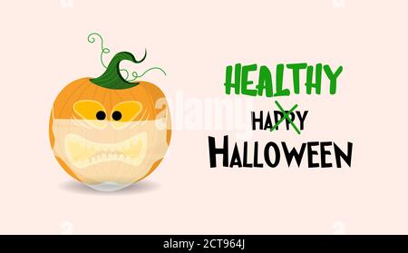 Halloween Poster oder Grußkarte. Horizontales Banner mit einem Kürbis, der eine medizinische Maske trägt. Frohe Halloween Stock Vektor