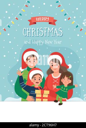 Weihnachtskarte mit fröhlicher Familie und Schriftzug. Niedliche Vektor-Illustration in flachen Stil Stock Vektor