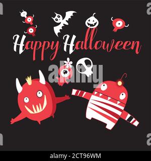 Grußkarte mit Monstern und einem Totenkopf für Halloween an Ein dunkler Hintergrund Stock Vektor