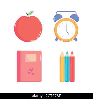 Icon Set von Apfel und zurück zur Schule über weißem Hintergrund, buntes Design, Vektor-Illustration Stock Vektor