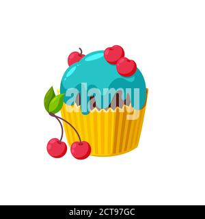 Cupcake mit Kirsche und blauer Glasur. Fairy Kuchen in Papierbecher. Leckeres Dessert mit glänzendem Zuckerguss. Vektor-Illustration in niedlichen Cartoon-Stil Stock Vektor