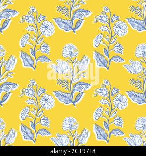 Retro antikes florales Halbtropfenmuster. Vintage Küche handgezeichnete Blumenstrauß Design. Linie Kunst Blumen auf ausgeschnittene Form, lebendige gelbe Hintergrund. Eleganter Naturhintergrund. Perfekt für Küchengeschirr, Tapeten und Geschenkpapier. Stock Vektor