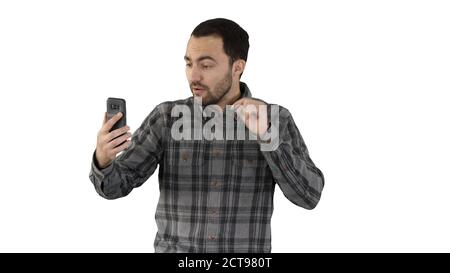 Junger Blogger, der Video auf seinem Handy aufzeichnet, während er weiter geht Whit Stockfoto