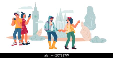 Touristen und Wanderer Menschen Comic-Figuren Reisen und Sightseeing, flache Vektor. Stock Vektor