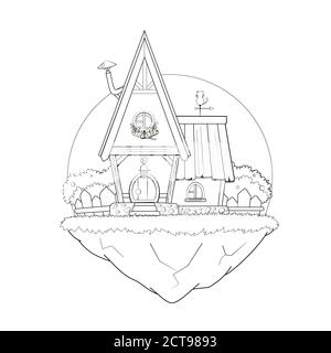 Cartoon kleines Haus Float Insel Linie Kunst Stock Vektor