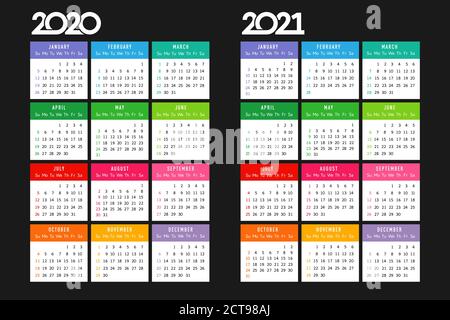 Kalender 2020 - 2021. Quadratisches Schichtplanlayout. Weihnachtslogo im minimalistischen Stil. Abstrakte isolierte Grafik-Design-Vorlage. USA Urlaub. Schwarz Bg. Stock Vektor