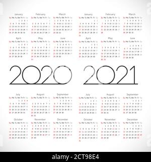 Kalender 2020 - 2021. Quadratisches Schichtplanlayout. Weihnachtslogo im minimalistischen Stil. Abstrakte isolierte Grafik-Design-Vorlage. USA Urlaub. Weiße Farbe Stock Vektor