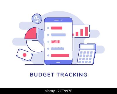 Budget-Tracking-Konzept Smartphone Hintergrund der Statistik bar Tortendiagramm Geldrechner mit flacher Umrissform Stock Vektor