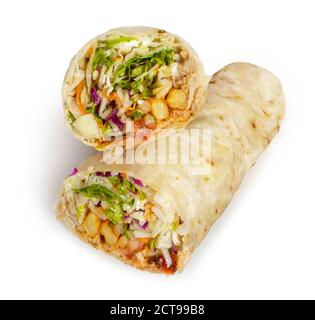 Döner Kebab Wrap isoliert auf weißem Hintergrund, Tortilla Stockfoto