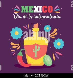 Mexiko Unabhängigkeit Tag-Design mit Tequila-Flasche und dekorative Blumen rund um über lila Hintergrund, buntes Design, Vektor-Illustration Stock Vektor