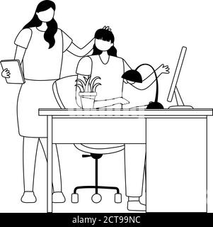 Coworking, Coworker Charaktere Team arbeiten im Büro Vektor Illustration Linie Stil Stock Vektor
