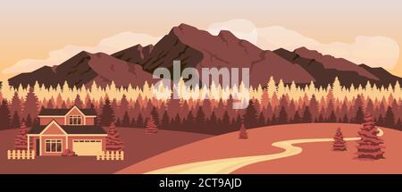 Sonnenuntergang in den Bergen flache Farbe Vektor Illustration. Residenz in der Nähe des Herbstwaldes. Zuhause in ländlichen Wäldern. Haus in der Nähe der rockies. Herbst ländlichen 2D Cartoon Stock Vektor