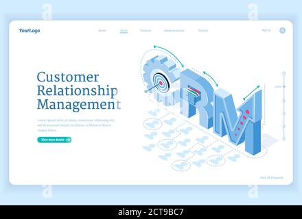 Banner für das Customer Relationship Management. Marketingstrategien und -Technologien für die Verwaltung und Entwicklung von Kundeninteraktionen. Vektor Landing Page von CRM mit isometrischer Illustration Stock Vektor