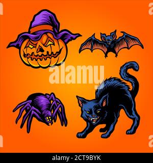 Halloween Kopf Kürbisse Set Element Katze, Fledermaus Illustrationen für Poster, Karte und Publikationen Merchandise Stockfoto