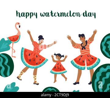 Happy Wassermelone Tageskarte mit Cartoon Menschen tanzen, Vektor-Illustration. Stock Vektor