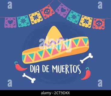 Tag der Toten, mexikanische Feier traditionelle Hut Knochen Pfeffer aunting Dekoration Vektor-Illustration Stock Vektor