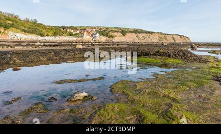 Multi-Image-Panorama in Robin Hoods Bay im September 2020 zwischen den Felsenpools bei Ebbe. Stockfoto