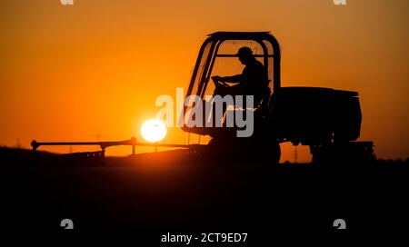 Laatzen, Deutschland. September 2020. Ein Greenkeeper fährt über den Golfplatz Gleidingen in der Region Hannover, wenn die Sonne am Horizont aufgeht. Kredit: Julian Stratenschulte/dpa/Alamy Live Nachrichten Stockfoto