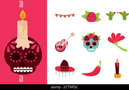 Tag der Toten, mexikanische Feier traditionelle Symbole flachen Stil Vektor-Illustration Stock Vektor