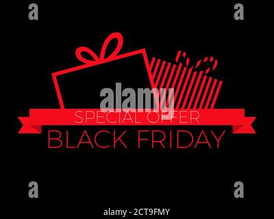 Sonderangebot „Schwarzer Freitag“. Geschenkschachteln mit Schleifen auf schwarzem Hintergrund. Großer Verkauf. Design für Werbeartikel, Banner, Flyer und Geschenkkarten. Vektor Stock Vektor