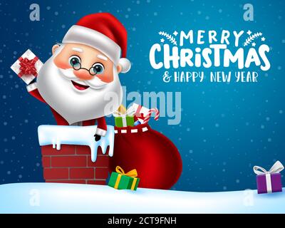 Weihnachten Charakter santa Vektor Banner Design. Frohe weihnachten Grußtext mit weihnachtsmann Charakter in Schornstein und Tasche mit bunten Geschenken. Stock Vektor