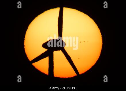 Laatzen, Deutschland. September 2020. Die Silhouetten einer Windmühle und Vögel heben sich von der aufgehenden Sonne ab. Kredit: Julian Stratenschulte/dpa/Alamy Live Nachrichten Stockfoto