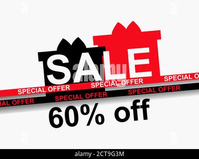 Sonderangebot 60 % Rabatt. Verkauf Band Band und Geschenkbox auf weißem Hintergrund. Black friday Design für Werbeartikel, Banner, Flyer und Geschenkwagen Stock Vektor