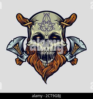 Skull Viking Warrior mit Axt für Logo, Maskottchen Kleidung Linie Merchandise Ihr Markengeschäft Stockfoto
