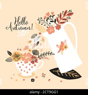 Schöne Herbstkarte mit Wasserkocher, Tasse, Blumen, Blättern und mit der Aufschrift Hallo Herbst. Perfekt für Grußkarten, Postkarten, T-Shirt-Design Stock Vektor
