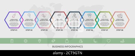 Vektor-Infografik Linie Vorlage Sechsecke für acht Symbole, Diagramm, Grafik, Präsentation. Geschäftskonzept mit 8 Schritten. Für Inhalt, Flussdiagramm Stock Vektor